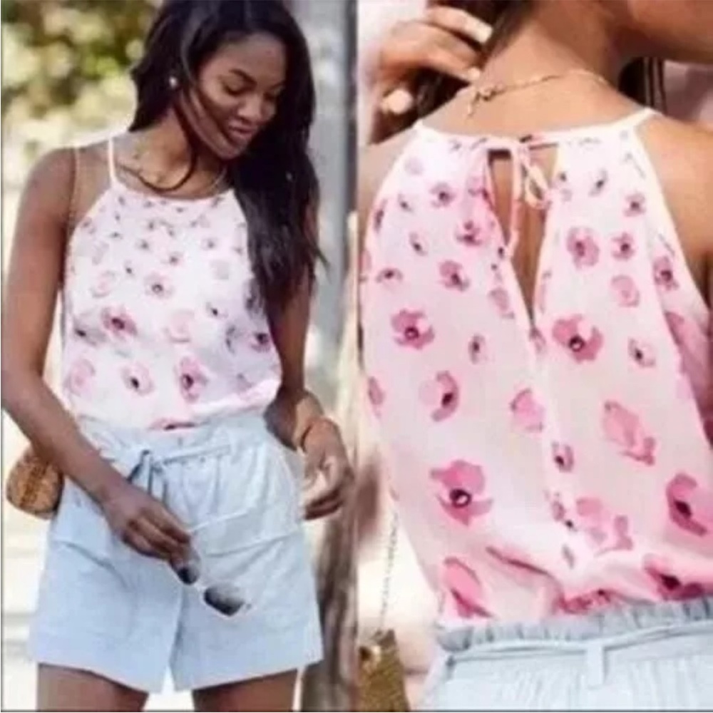 CAbi Pink Floating Poppies Floral Halter Top. Size S. Like NEW!!
